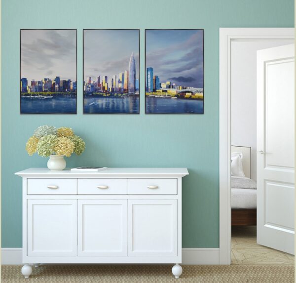 BROP4815 Tranh Canvas Thành Phố Cao Tầng Bên Sông 3 Tấm