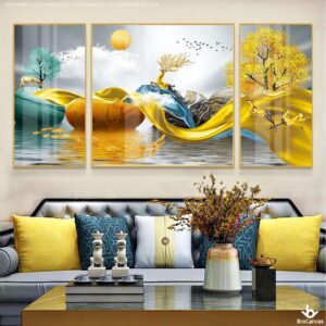 BRS4889 Tranh Hươu Nai Bên Dòng Nước Nhũ Vàng 3D
