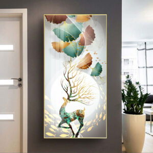 BROP6014 Tranh chú hươu ngắm nhìn lá cây ngân hạnh