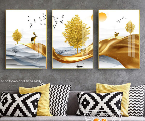 BROZ74316 Tranh Canvas Đàn Hươu & Chim Én Giữa Bầu Trời
