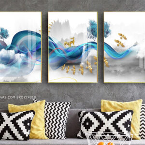 BROZ74318 Tranh Phong Cảnh Thủy Mặc Đàn Chim Bồ Câu Và Những Chú Hươu