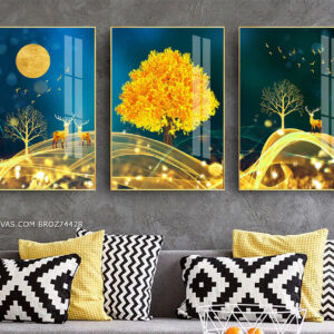 BROZ74428 Tranh Canvas Đàn Hươu 3D Nghệ Thuật Nhũ Vàng
