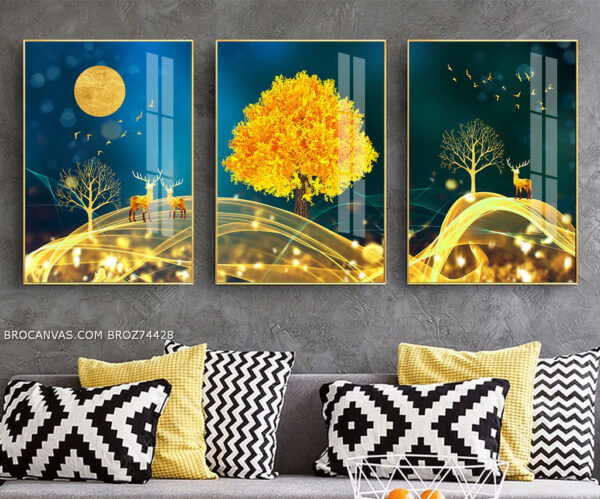 BROZ74428 Tranh Canvas Đàn Hươu 3D Nghệ Thuật Nhũ Vàng