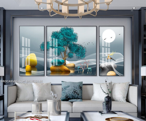 BROZ76166 Tranh Cây Xanh Ngọc Và Đàn Hươu In Canvas