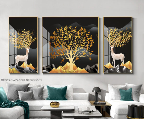 BROZ76630 Tranh 2 Chú Hươu Trắng Sừng Hoa Nghệ Thuật Hiện Đại