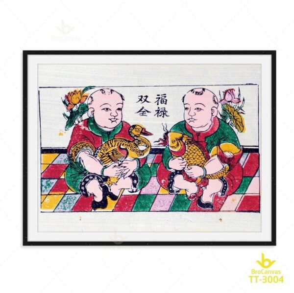 Tranh Hai Bé Trai Ôm Vịt Và Cá TT-3004