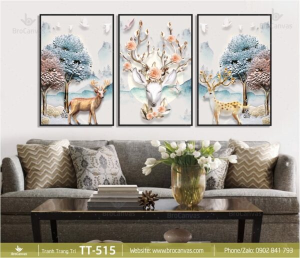 BRS515 Tranh Canvas 3D Gia Đình Hươu Nai Đông Tuyết