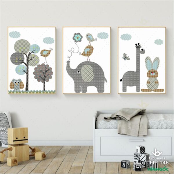 Tranh Canvas Phòng Trẻ Em: “3 Chú Voi Thỏ Hươu” TT-1146
